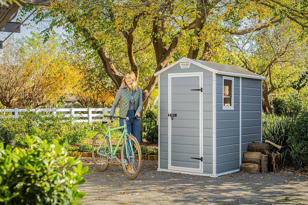 Keter Manor Outdoor Plastic Garden Storage Shed, Grey, 6 x 8 ft