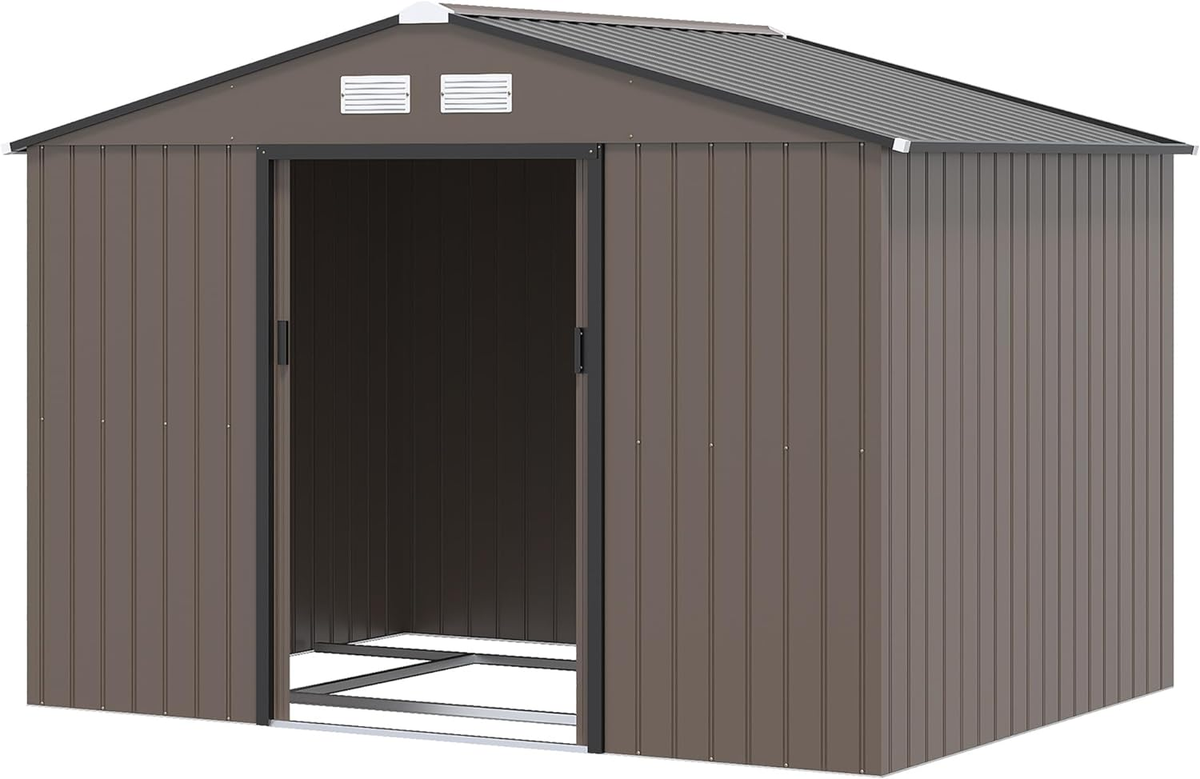 Outsunny 9 x 6ft Garden Metal Storage Shed, Outdoor Storage Tool House with Ventilation Slots, Floor Foundation and Lockable Double Doors, Light Green