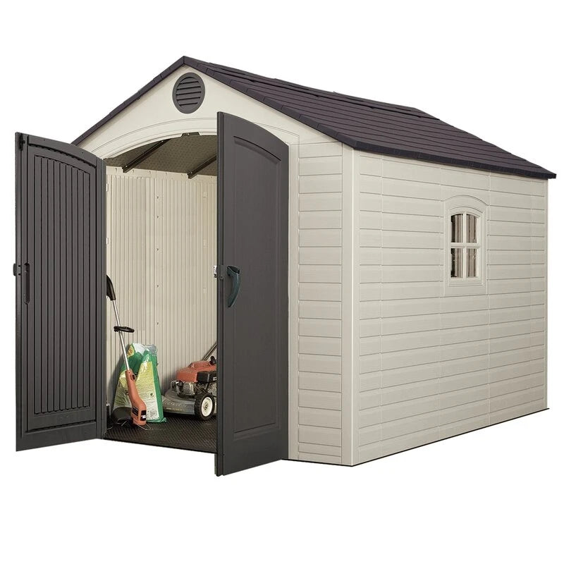 8 feet. Width x 10 feet. D plastic traditional storage shed