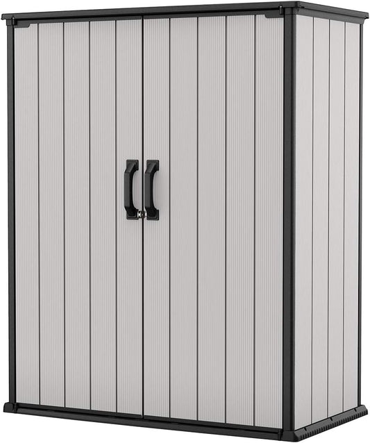 Keter Premier Tall 4.6 x 5.6 ft. Resin Outdoor Storage Shed with Shelving Brackets for Patio Furniture, Pool Accessories, and Bikes, Grey & Black