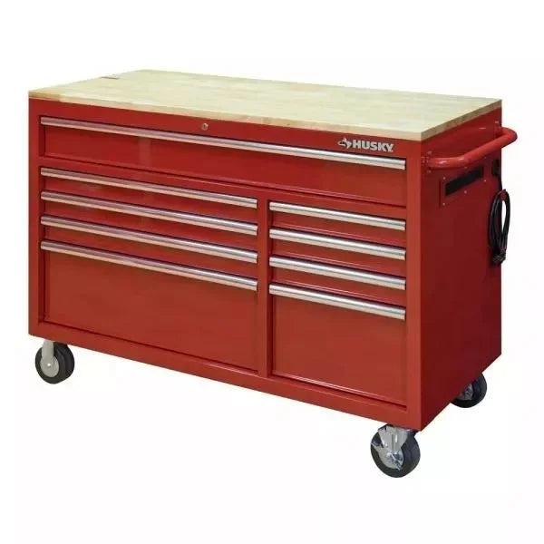 52 inches. 24 inches wide. D 9 drawer bright red mobile workbench