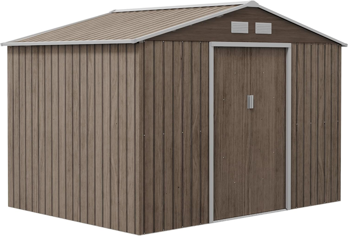 Outsunny 9 x 6ft Garden Metal Storage Shed, Outdoor Storage Tool House with Ventilation Slots, Floor Foundation and Lockable Double Doors, Light Green