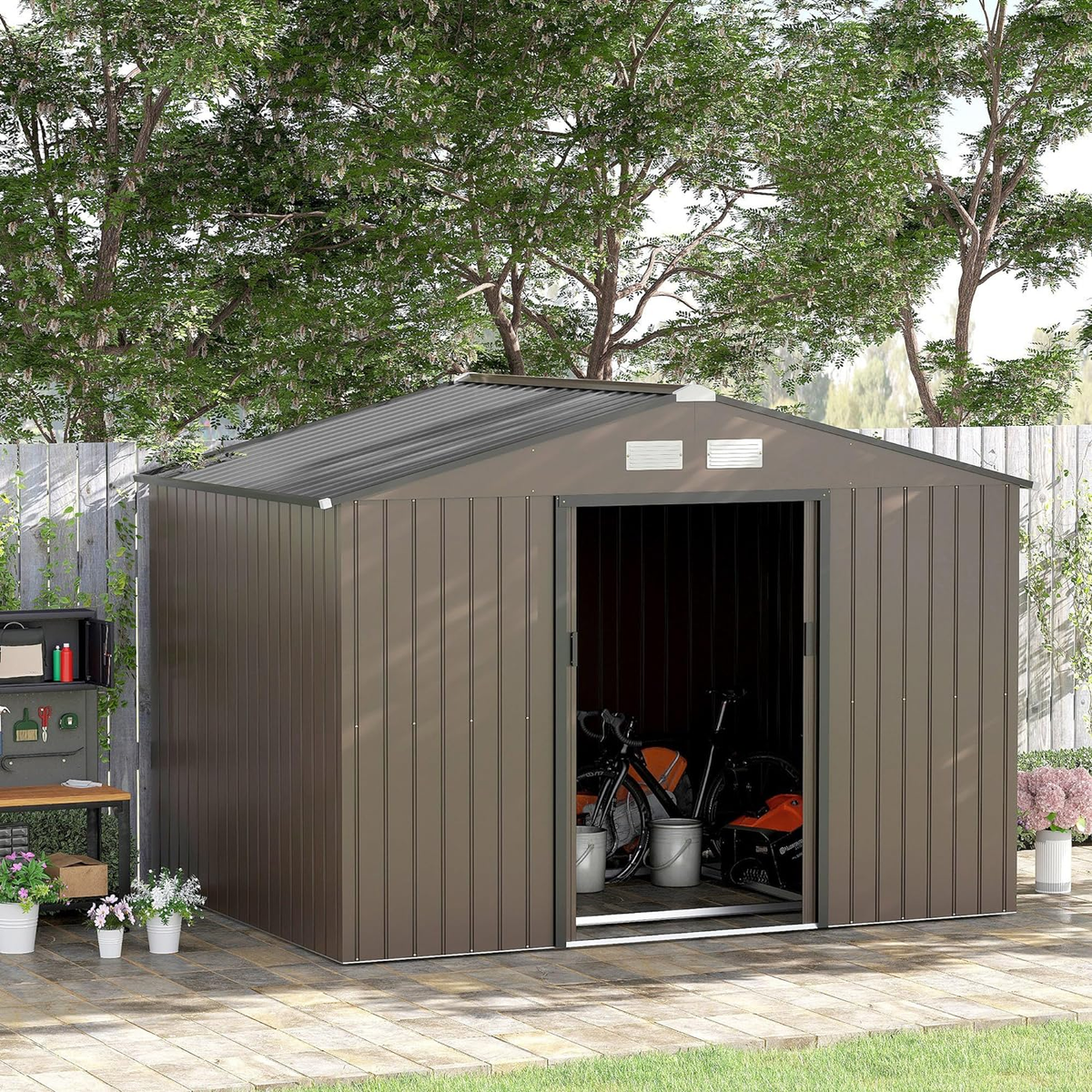 Outsunny 9 x 6ft Garden Metal Storage Shed, Outdoor Storage Tool House with Ventilation Slots, Floor Foundation and Lockable Double Doors, Light Green