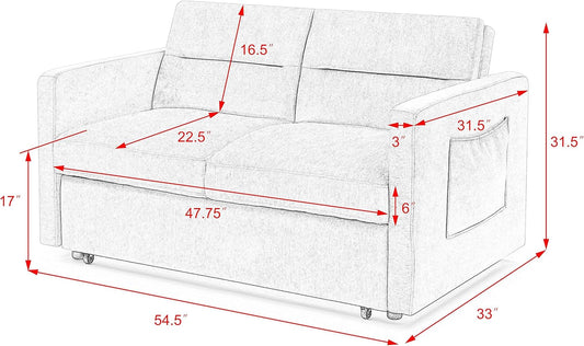 Merax 54.5'' Modern Convertible Sleeper Sofa Bed with Two Side Pockets, Velvet Sofa w/Pull-Out Bed Loveseat Sofa Couch and Adjsutable Back for Living Room (Beige)