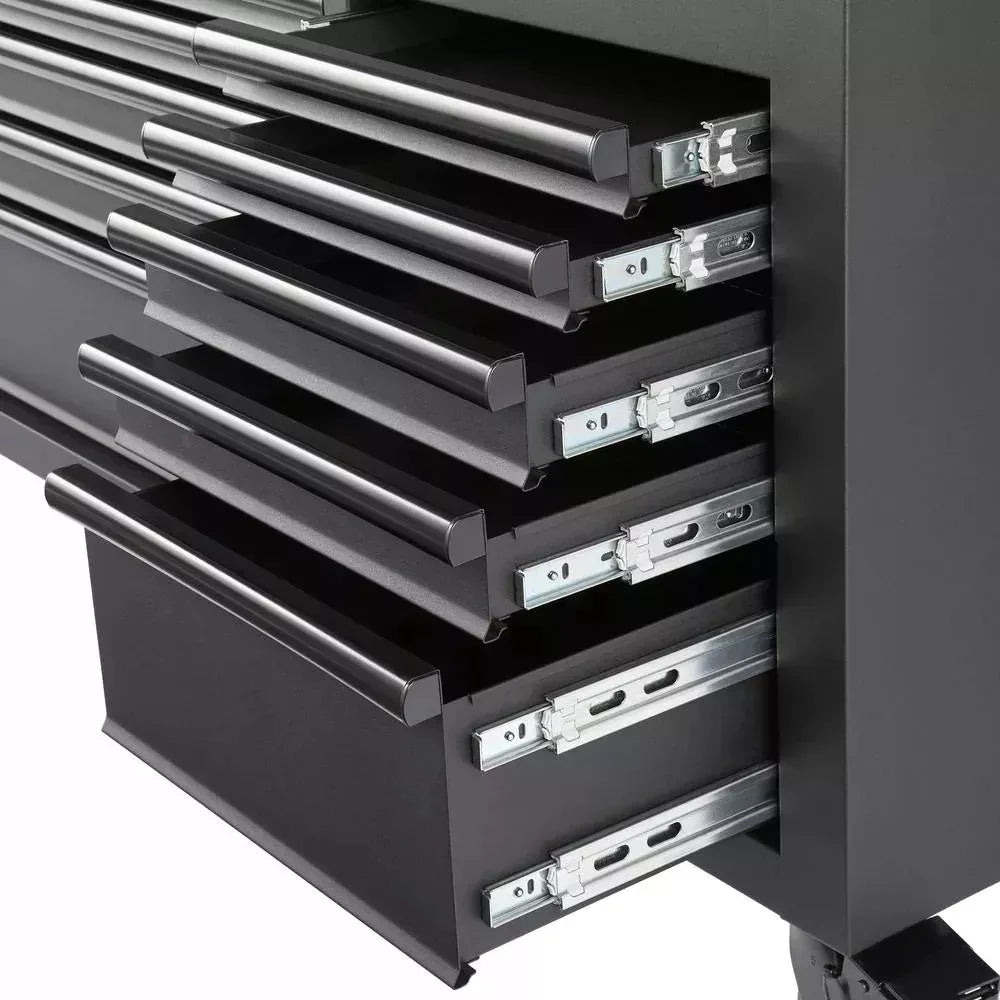 Heavy duty 72 in. W 18 Drawer Deep Tool Box Mobile Workbench in Matte Black with Adjustable Height Hardwood Top