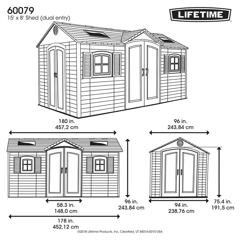 Double entry 15' wide x 8' deep plastic storage shed