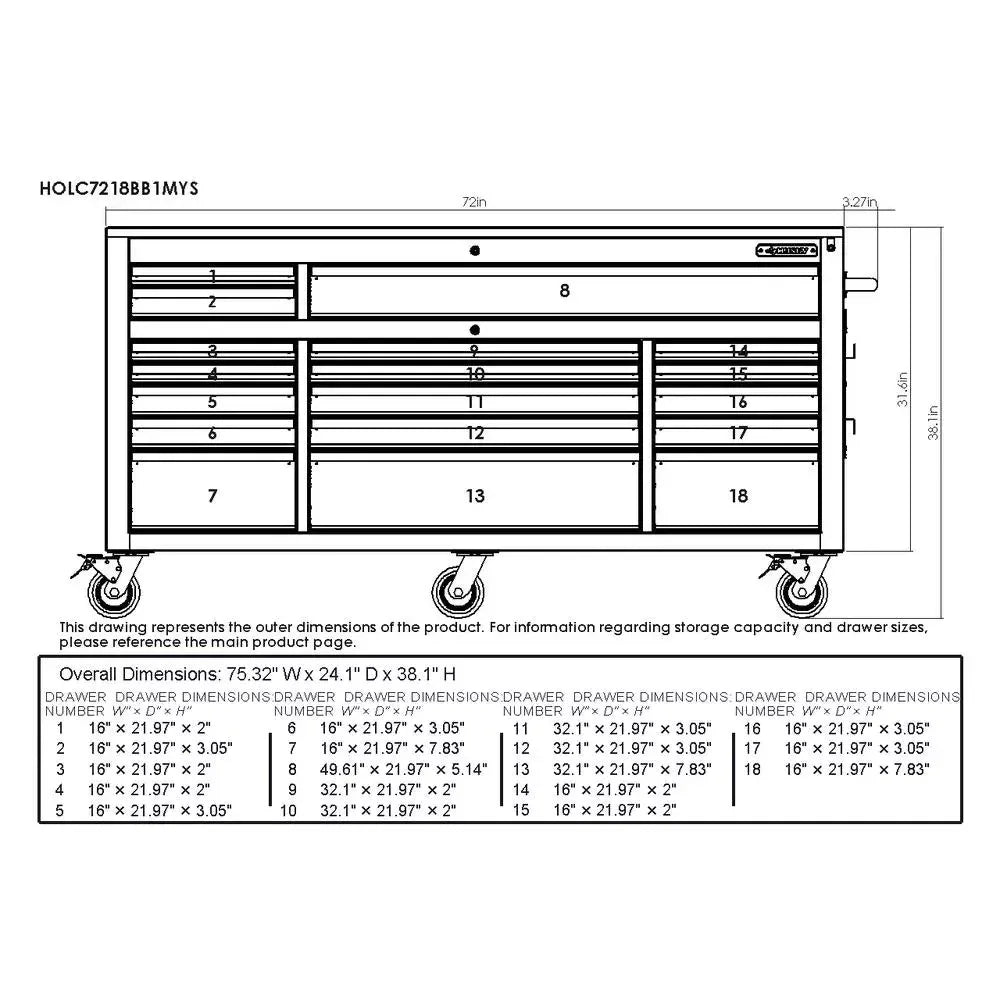 Heavy duty 72 in. W 18 Drawer Deep Tool Box Mobile Workbench in Matte Black with Adjustable Height Hardwood Top