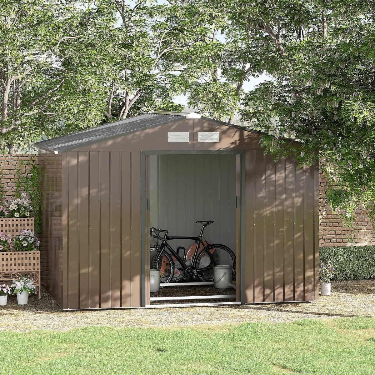 Outsunny 9 x 6ft Garden Metal Storage Shed, Outdoor Storage Tool House with Ventilation Slots, Floor Foundation and Lockable Double Doors, Light Green