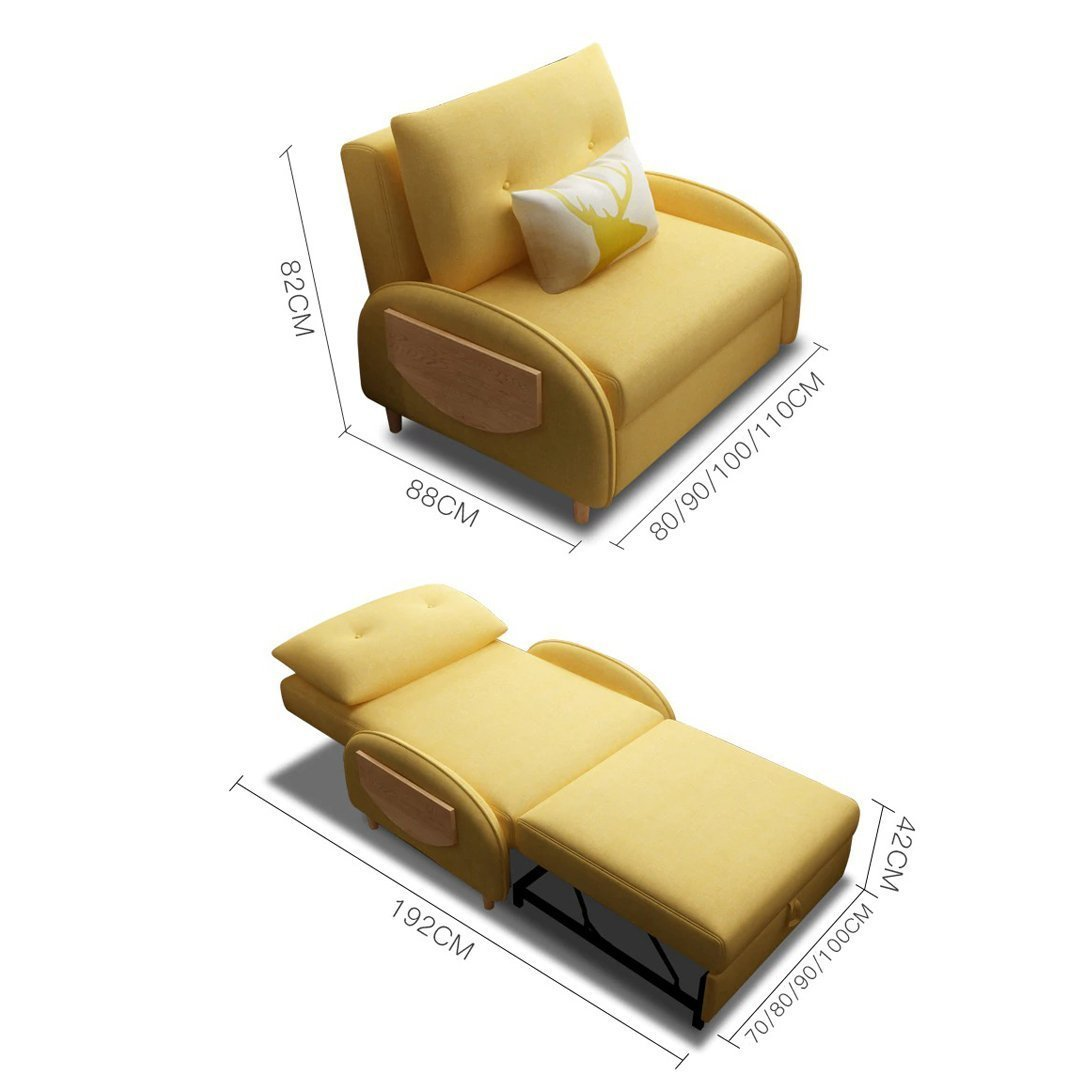 Single Sofa Bed,Folding Fabric Lazy Sofa, Soft And Comfortable Single Recliner Can Stored, 3 Levels of Backrest Angle Adjustment, Suitable for Living Room, Office, Bedroom Sofa,Yellow,1.2M