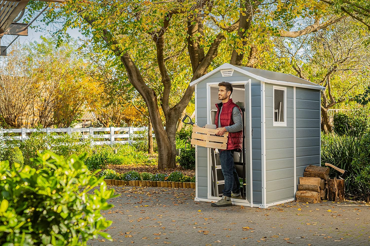 Keter Manor Outdoor Plastic Garden Storage Shed, Grey, 6 x 8 ft