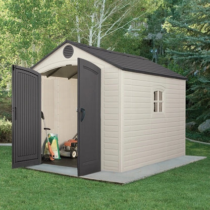 8 feet. Width x 10 feet. D plastic traditional storage shed
