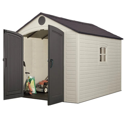 8 feet. Width x 10 feet. D plastic traditional storage shed