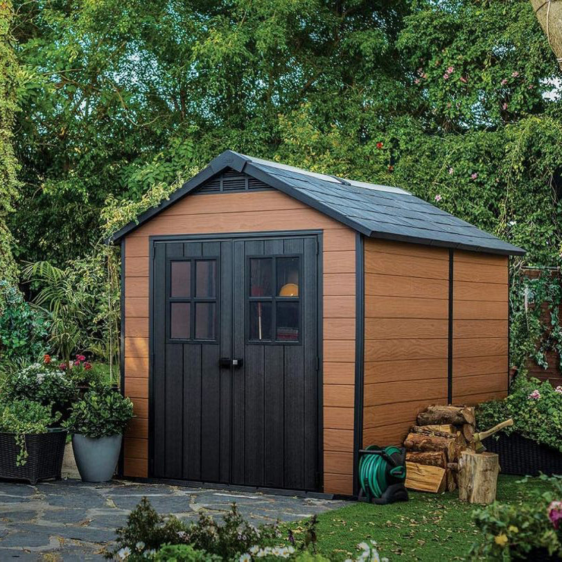 Keter Newton 7.5x11 Large Resin Outdoor Storage Shed Kit – Perfect to Store Patio Furniture, Garden Tools, Bike Accessories, and Lawn Mower, Mahogany Brown
