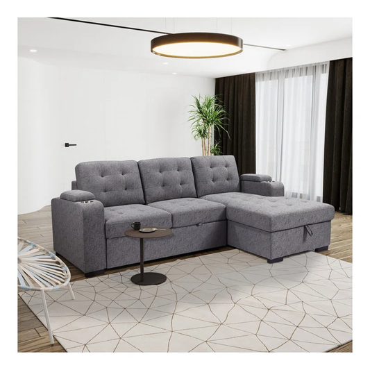 Living Room Tifted Sectional Sofa Lounger with Storage Chaise, Modern Convertible L-Shaped Sleeper Sofa Couch, Grey