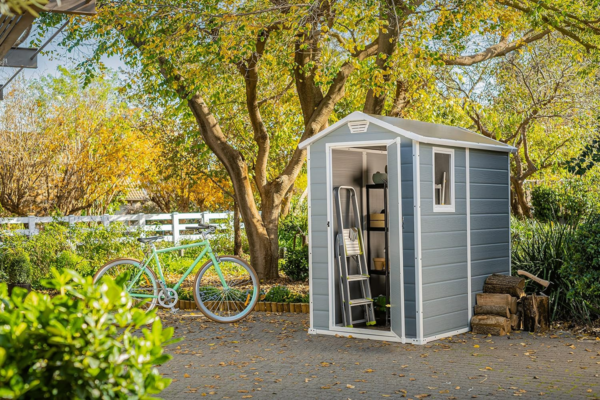 Keter Manor Outdoor Plastic Garden Storage Shed, Grey, 6 x 8 ft