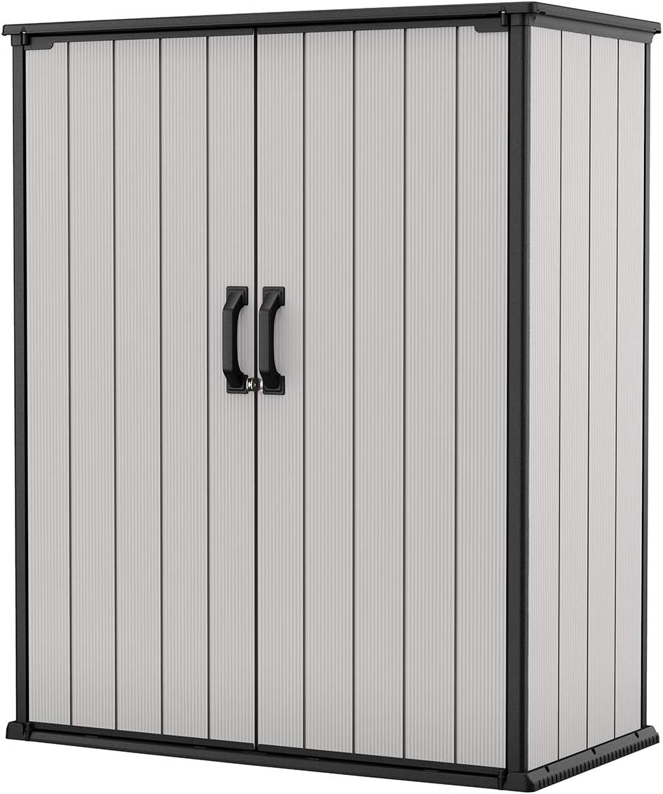 Keter Premier Tall 4.6 x 5.6 ft. Resin Outdoor Storage Shed with Shelving Brackets for Patio Furniture, Pool Accessories, and Bikes, Grey & Black