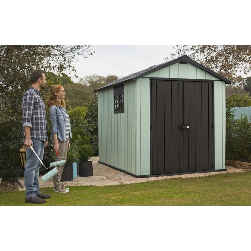 Auckland 7 x 7 ft antique distressed wood storage shed with high ceilings and victorian windows