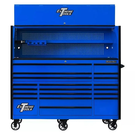 EXTREME TOOLS 72" RX Series 19 Drawer 30" Deep Roller Cabinet with Bins - Blue with Black Drawer Pulls