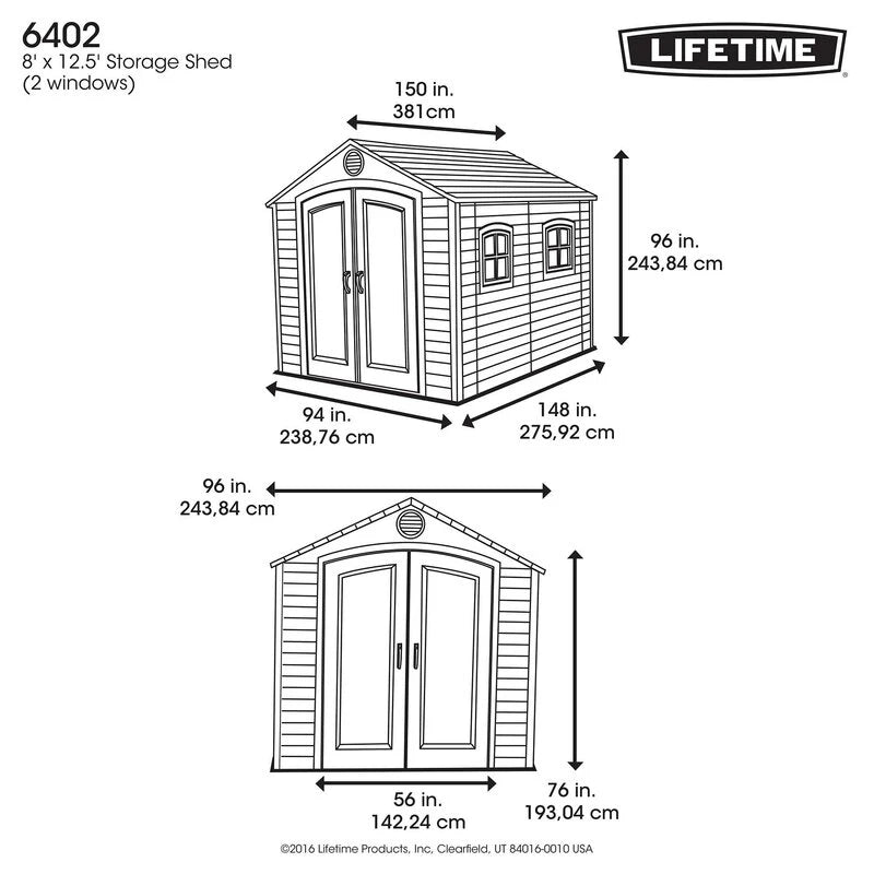 8' wide x 12.5' ​​deep plastic storage shed