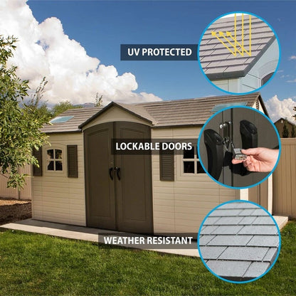 Double entry 15' wide x 8' deep plastic storage shed