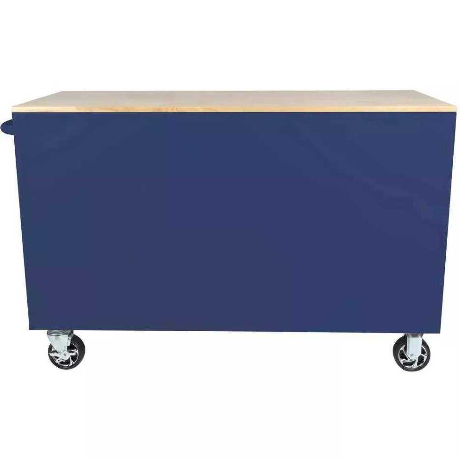56 inches. W 5 Drawer 1 Door Deep Tool Box Mobile Workbench, Bright Blue, Hardwood Top