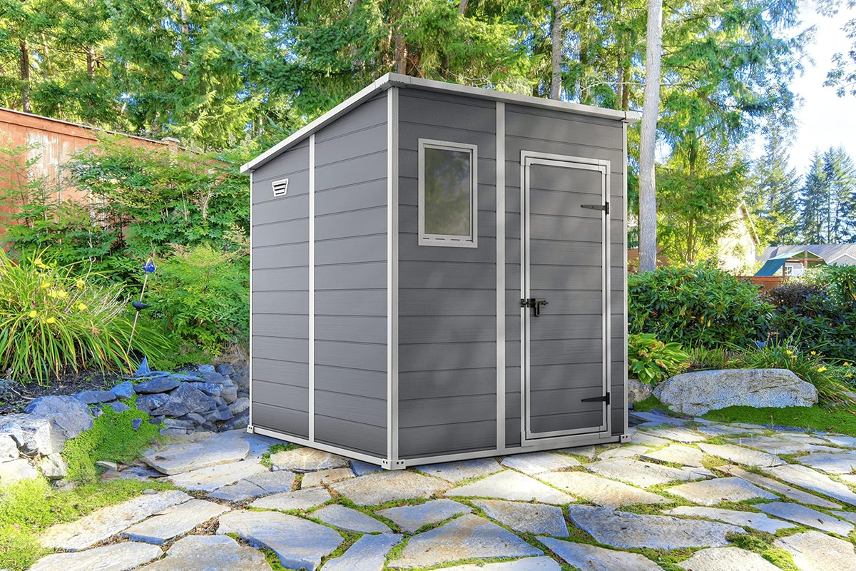 Keter Manor Outdoor Pent Single Door Garden Storage Shed 6 x 6ft Beige Brown Wood effect