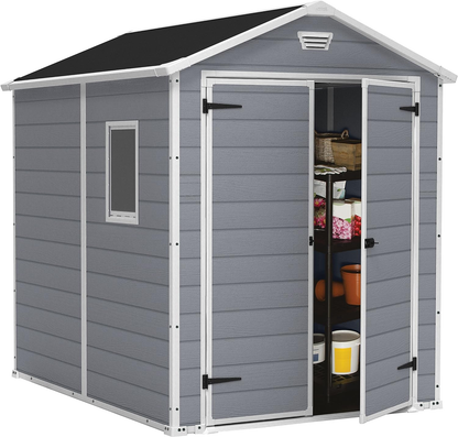 Keter Manor Outdoor Plastic Garden Storage Shed, Grey, 6 x 8 ft