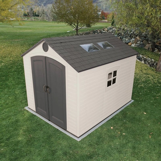 8 feet. Width x 10 feet. D plastic traditional storage shed