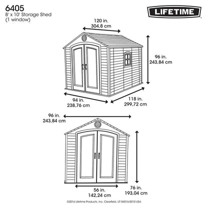 8 feet. Width x 10 feet. D plastic traditional storage shed