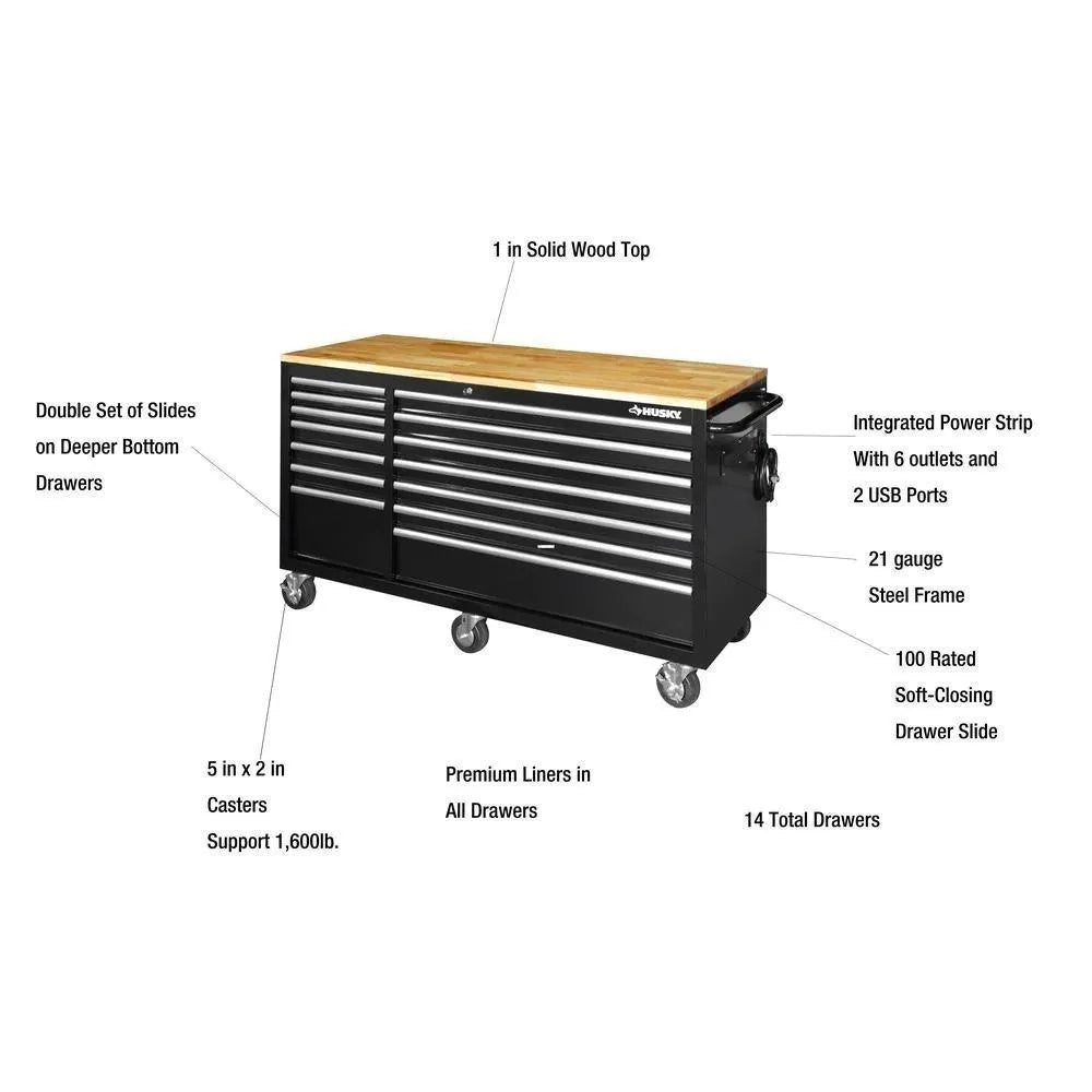 62-inch 14-drawer mobile workbench, solid wood top, black