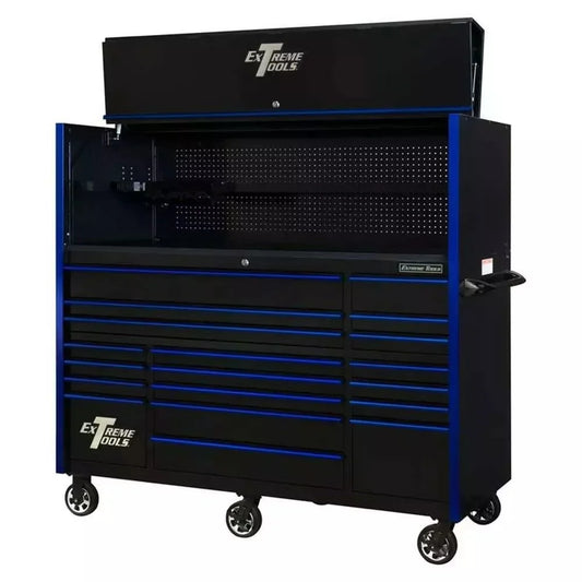 EXTREME TOOLS 72" RX Series 19 Drawer 30" Deep Roller Cabinet with Bins - Black with Blue Drawer Pulls