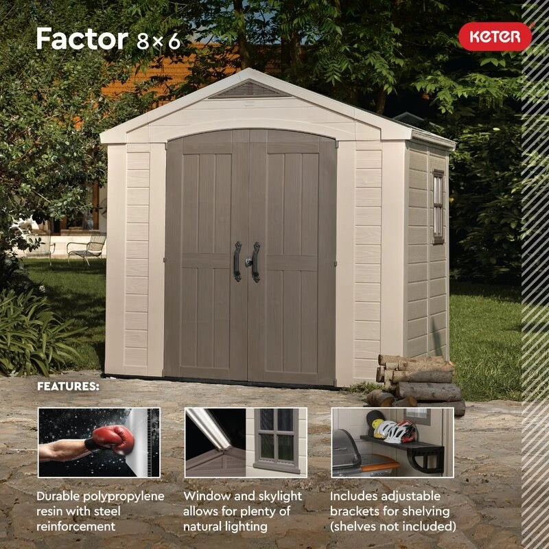 Factor 8 ft wide x 6 ft deep plastic storage shed