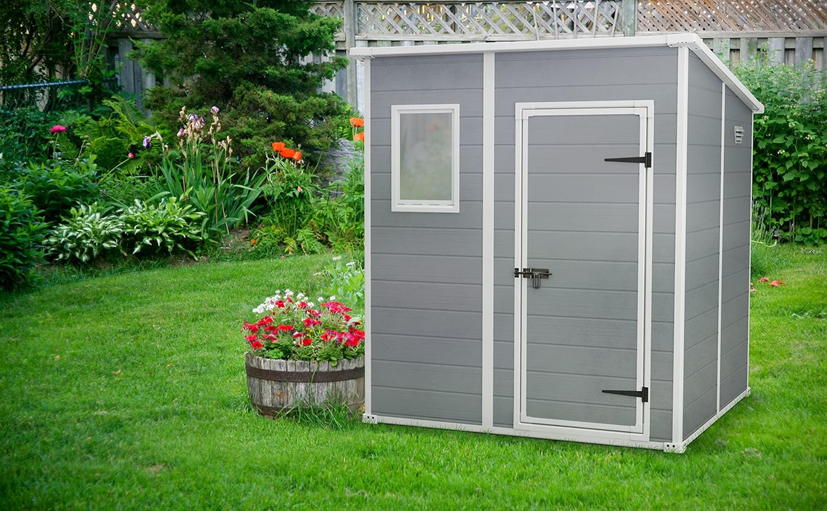 Keter Manor Outdoor Pent Single Door Garden Storage Shed 6 x 6ft Beige Brown Wood effect