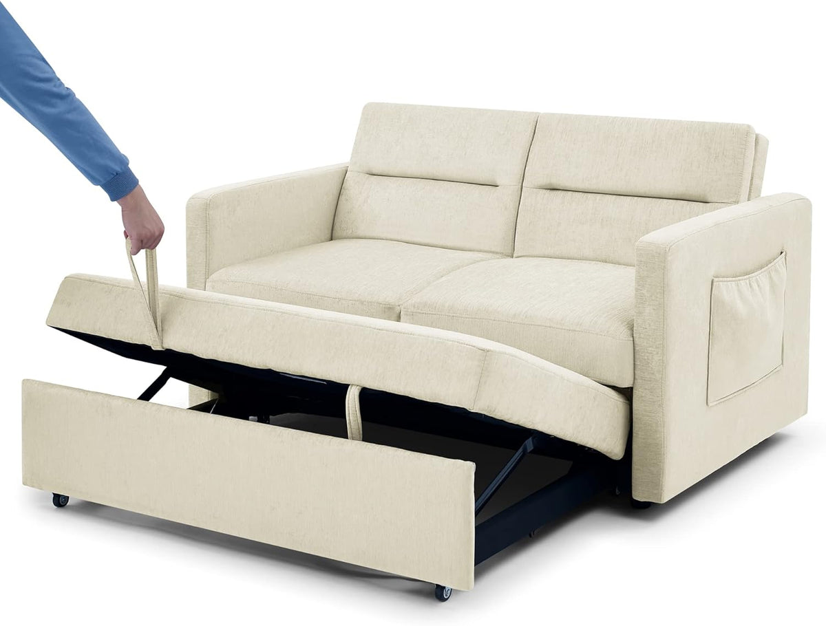 Merax 54.5'' Modern Convertible Sleeper Sofa Bed with Two Side Pockets, Velvet Sofa w/Pull-Out Bed Loveseat Sofa Couch and Adjsutable Back for Living Room (Beige)