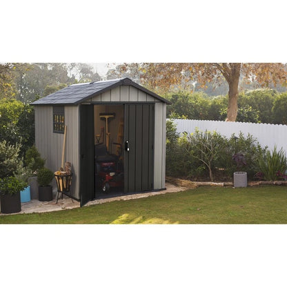 Auckland 7 x 7 ft antique distressed wood storage shed with high ceilings and victorian windows