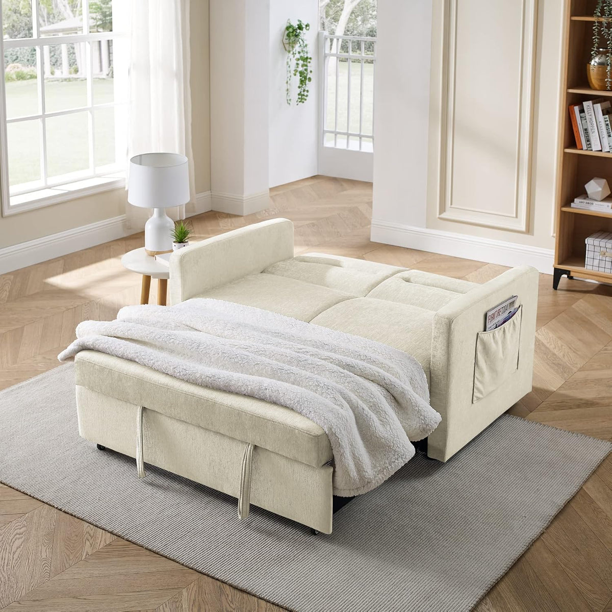 Merax 54.5'' Modern Convertible Sleeper Sofa Bed with Two Side Pockets, Velvet Sofa w/Pull-Out Bed Loveseat Sofa Couch and Adjsutable Back for Living Room (Beige)