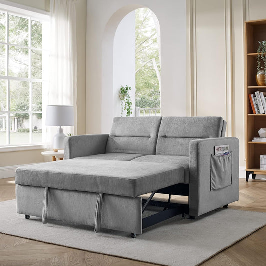 Merax 54.5'' Modern Convertible Sleeper Sofa Bed with Two Side Pockets, Velvet Sofa w/Pull-Out Bed Loveseat Sofa Couch and Adjsutable Back for Living Room (Beige)