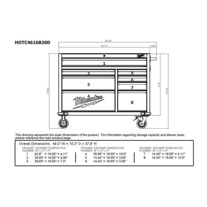 46 inches. Red/Black Textured 8-Drawer Roller Cabinet Toolbox