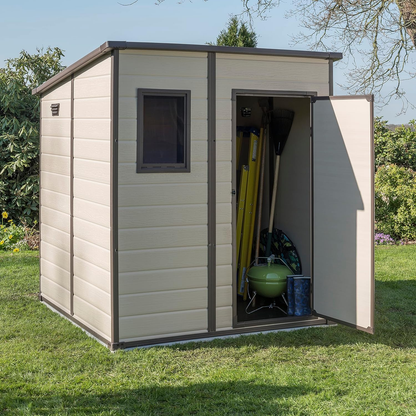 Keter Manor Outdoor Pent Single Door Garden Storage Shed 6 x 6ft Beige Brown Wood effect