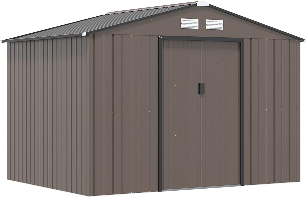 Outsunny 9 x 6ft Garden Metal Storage Shed, Outdoor Storage Tool House with Ventilation Slots, Floor Foundation and Lockable Double Doors, Light Green