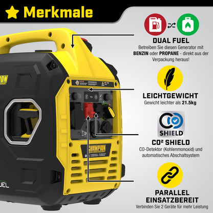 Champion Power Equipment Dual Fuel Power Converter (Max Power 3000 W, Portable Inverter, Running Time up to 11.5 Hours, Extremely Quiet, Emergency Generator) 93001i-DF-EU