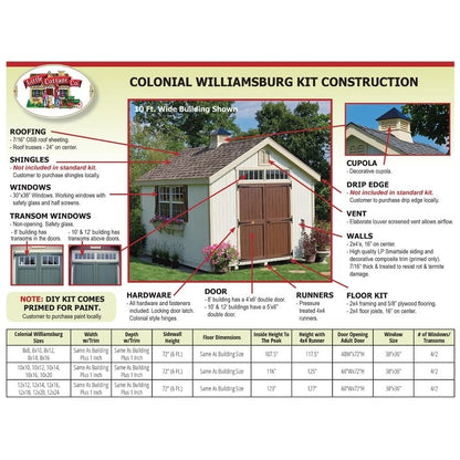Colonial Williamsburg 10' wide x 16' deep solid and faux wood storage shed