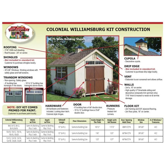 Colonial Williamsburg 10' wide x 16' deep solid and faux wood storage shed