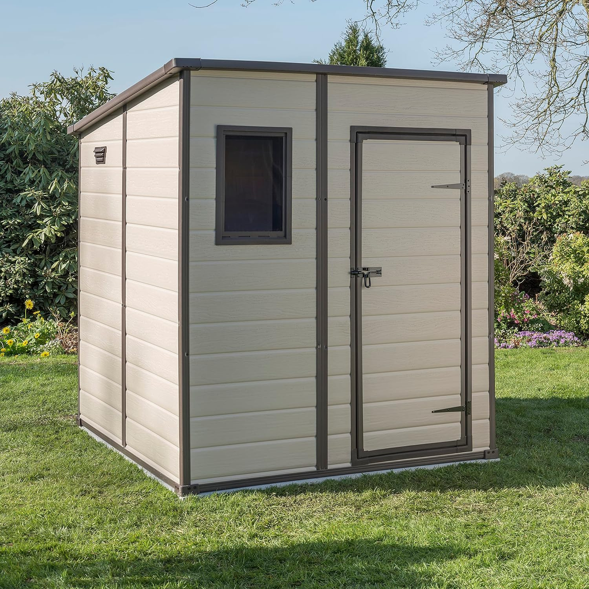 Keter Manor Outdoor Pent Single Door Garden Storage Shed 6 x 6ft Beige Brown Wood effect