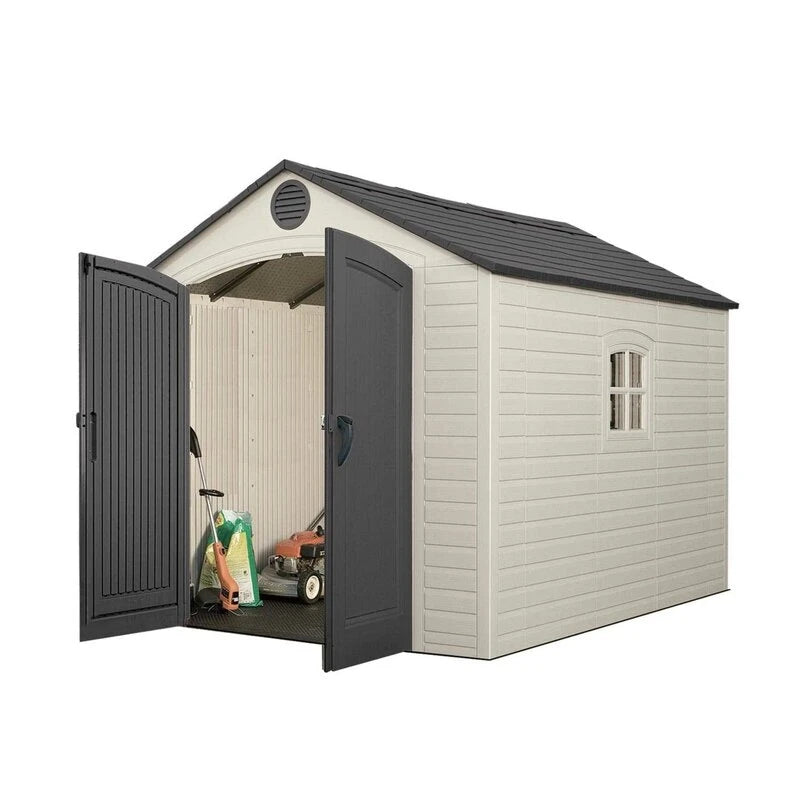 8 feet. Width x 10 feet. D plastic traditional storage shed