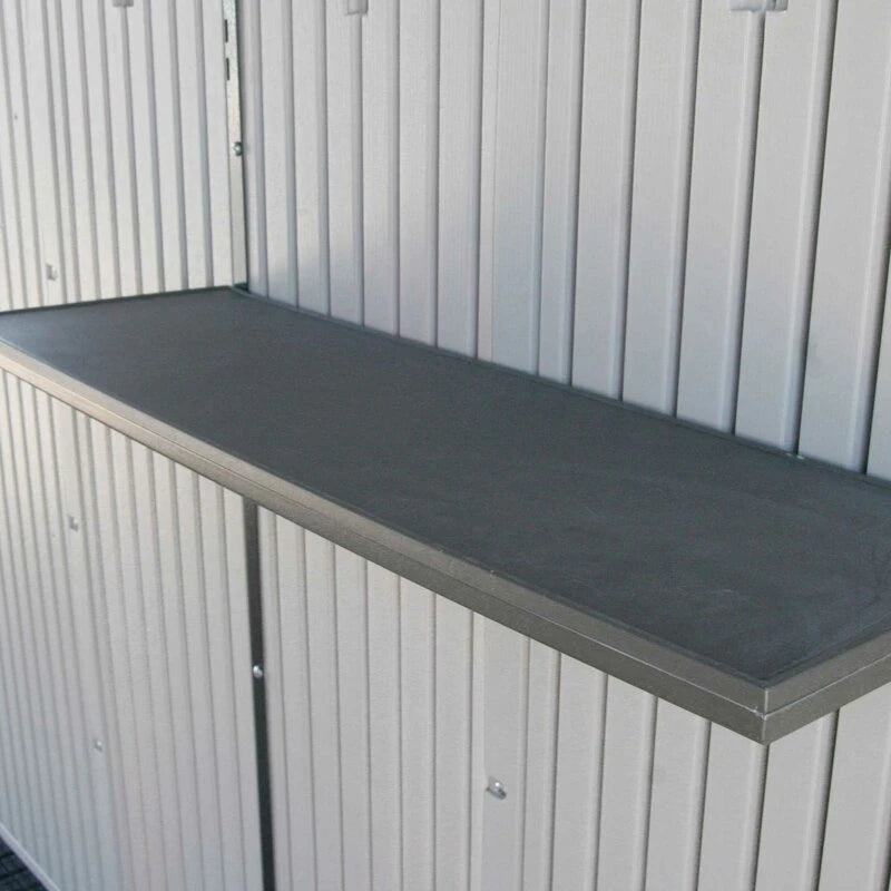 8 feet. Width x 10 feet. D plastic traditional storage shed