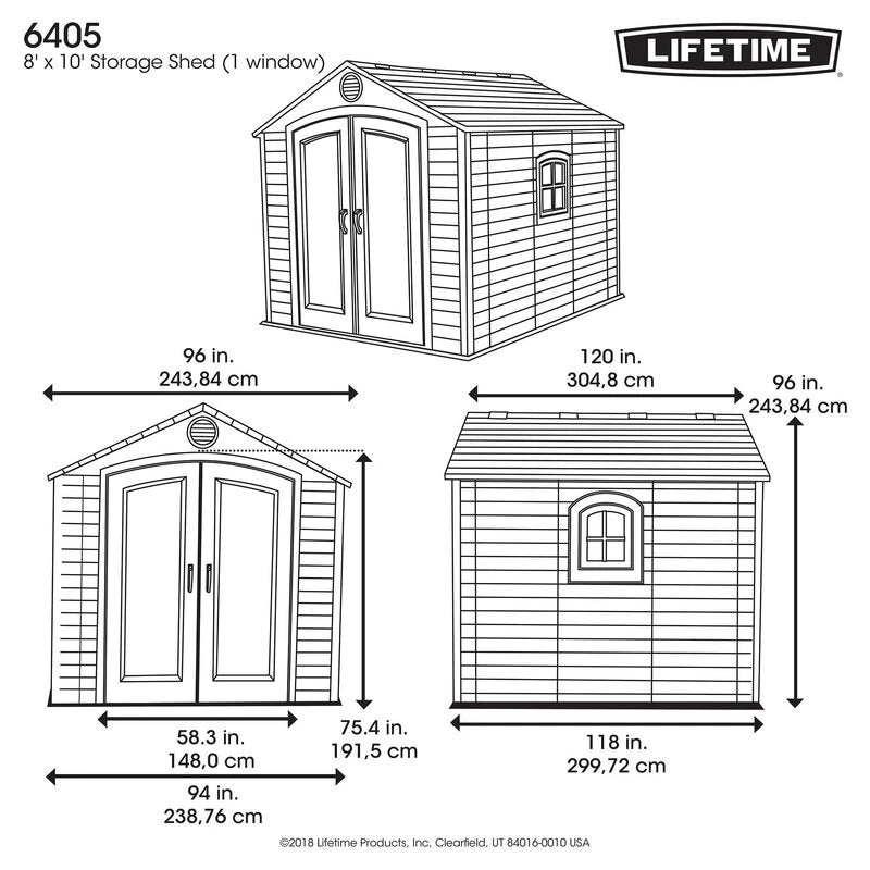 8 feet. Width x 10 feet. D plastic traditional storage shed
