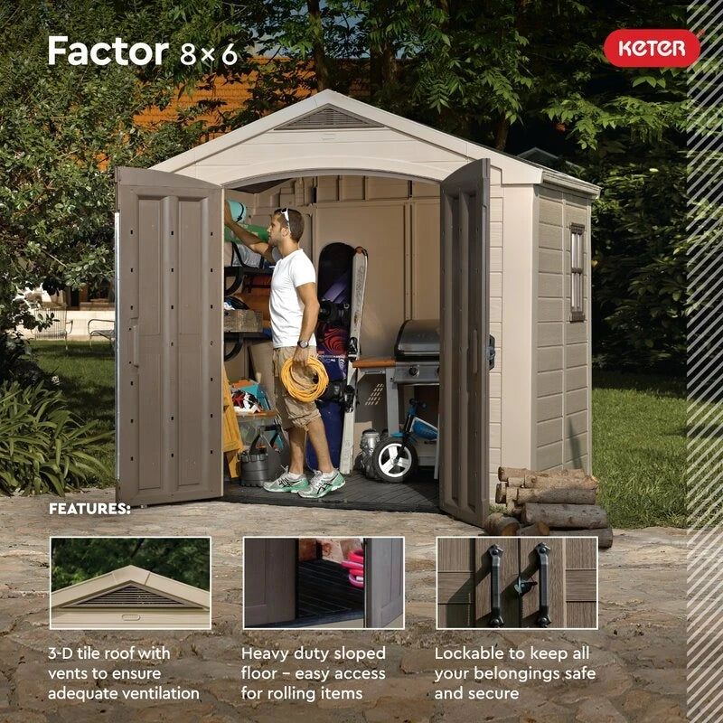 Factor 8 ft wide x 6 ft deep plastic storage shed